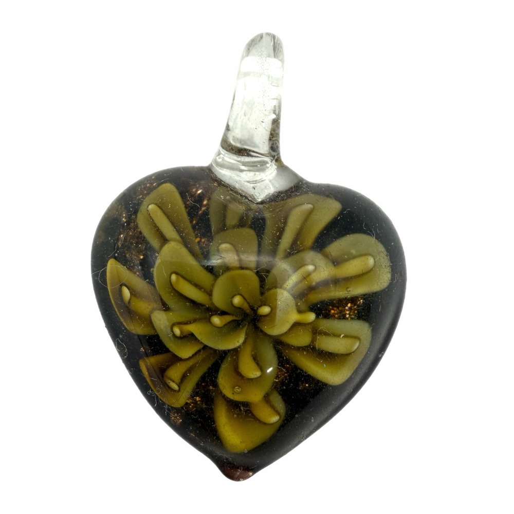 Handmade Lampwork Glass Heart Pendant Olive Green Flower 3D Floral Dark Glass